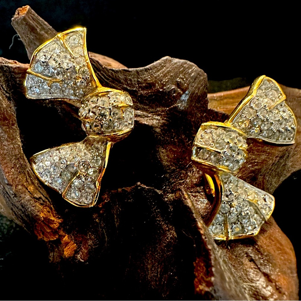 Givenchy Pavé Rhinestone Bow Pierced Earrings-Vintage